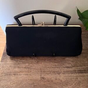 Vintage HL Black Handbag Top Handle Gold Frame‎ Structured Clutch Purse Formal